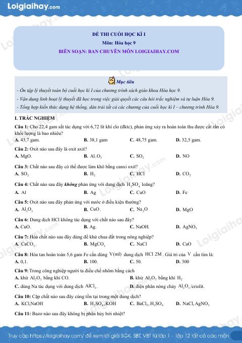 Đề thi học kì 1 Hóa 9 - Đề số 7